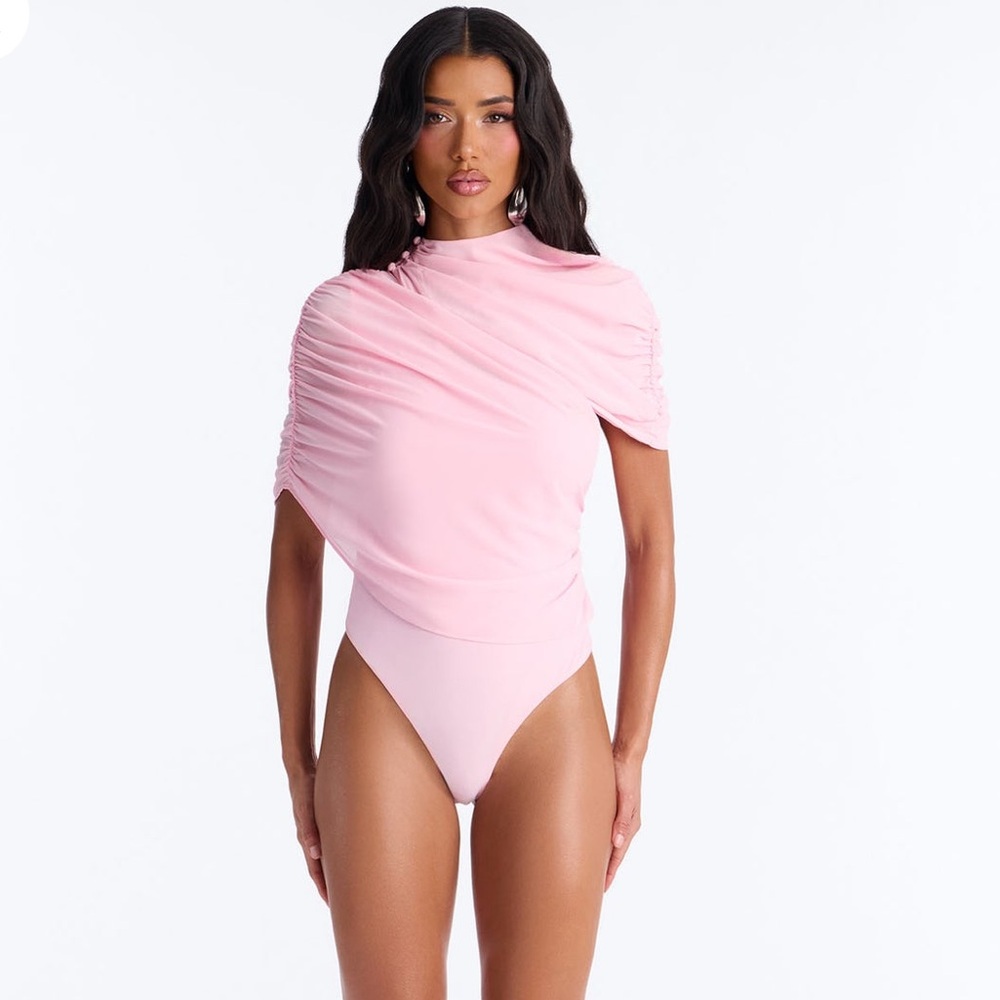 Fashion Nova Pink Ruched One-Shoulder Bodysuit